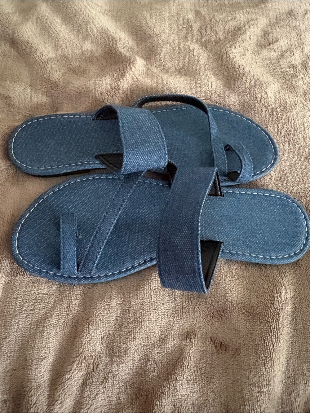 Denim Strap Slide Sandals in Blue